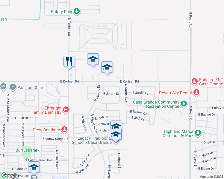 map of restaurants, bars, coffee shops, grocery stores, and more near 1250 East Kingman Street in Casa Grande