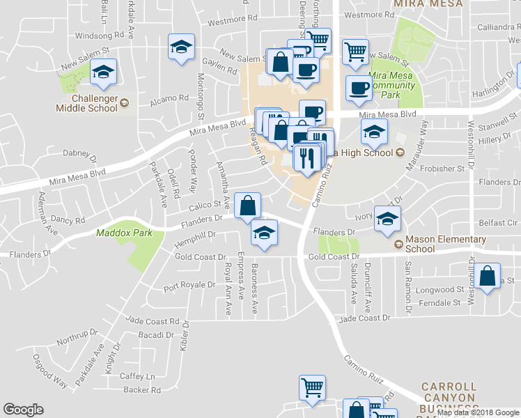 map of restaurants, bars, coffee shops, grocery stores, and more near 8130 Flanders Drive in San Diego