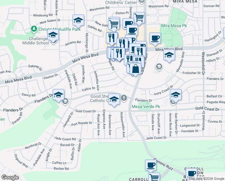 map of restaurants, bars, coffee shops, grocery stores, and more near 8130 Flanders Drive in San Diego