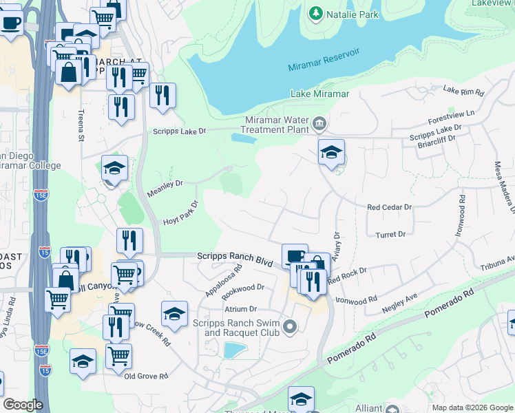 map of restaurants, bars, coffee shops, grocery stores, and more near 10565 Vista Valle Drive in San Diego