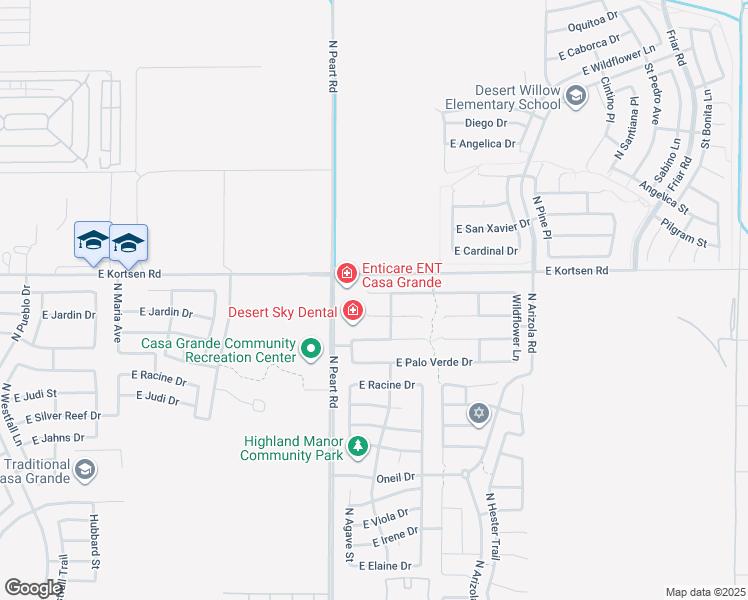 map of restaurants, bars, coffee shops, grocery stores, and more near 1554 East Kingman Place in Casa Grande