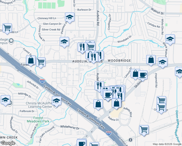 map of restaurants, bars, coffee shops, grocery stores, and more near 305 Audelia Road in Dallas