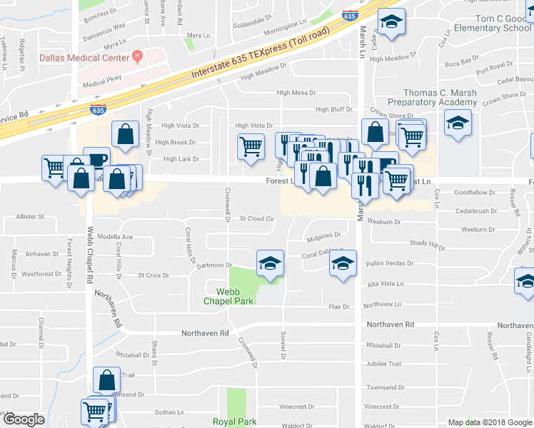 map of restaurants, bars, coffee shops, grocery stores, and more near 3454 St Cloud Cir in Dallas