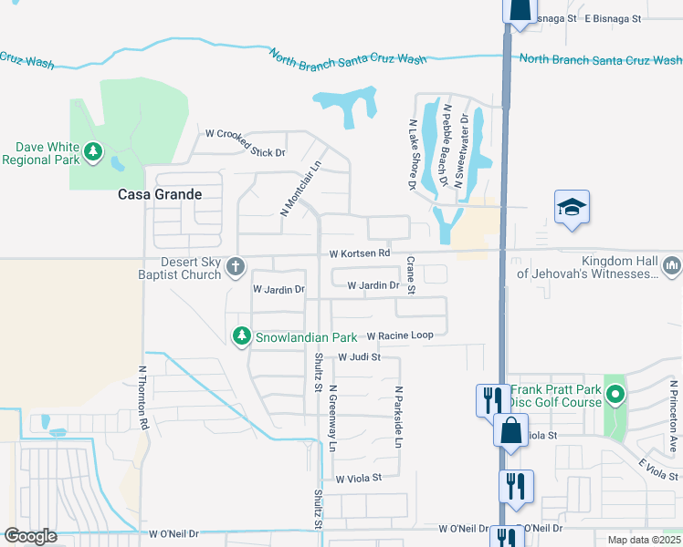 map of restaurants, bars, coffee shops, grocery stores, and more near 663 West Kingman Loop in Casa Grande