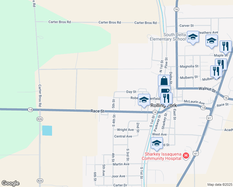 map of restaurants, bars, coffee shops, grocery stores, and more near 5th Street in Rolling Fork