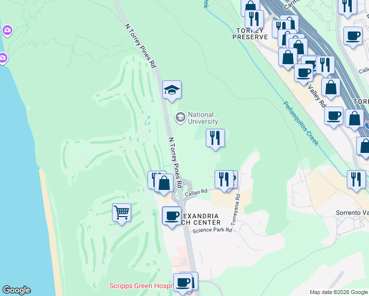 map of restaurants, bars, coffee shops, grocery stores, and more near 11119 North Torrey Pines Road in San Diego