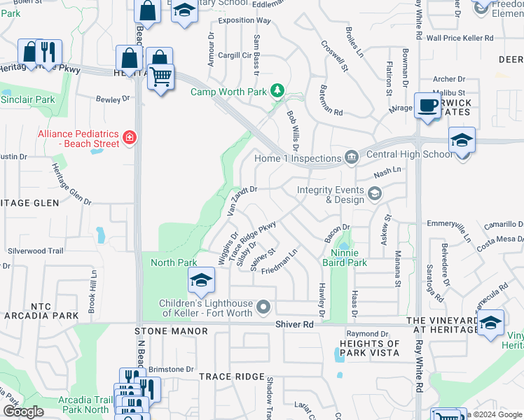 map of restaurants, bars, coffee shops, grocery stores, and more near 4844 Aidan Court in Fort Worth
