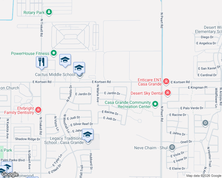 map of restaurants, bars, coffee shops, grocery stores, and more near 1336 East Kingman Place in Casa Grande