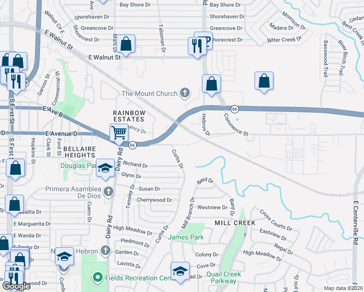 map of restaurants, bars, coffee shops, grocery stores, and more near 1200 Commerce St in Garland