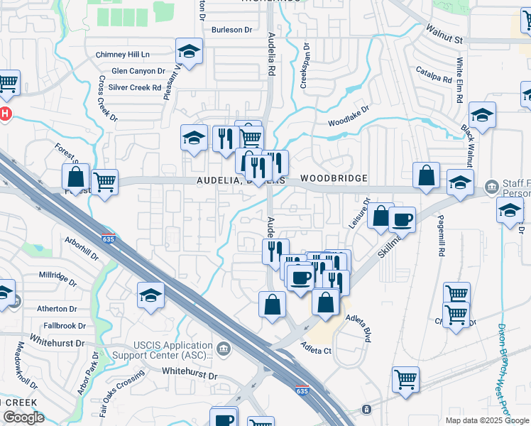 map of restaurants, bars, coffee shops, grocery stores, and more near 305 Audelia Road in Dallas