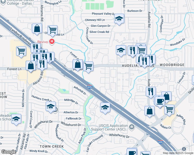 map of restaurants, bars, coffee shops, grocery stores, and more near 9590 Forest Lane in Dallas