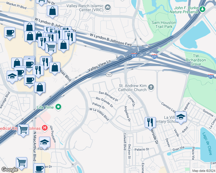 map of restaurants, bars, coffee shops, grocery stores, and more near 7324 San Felipe Drive in Irving