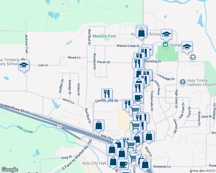 map of restaurants, bars, coffee shops, grocery stores, and more near 800 Red Oak Court in Azle
