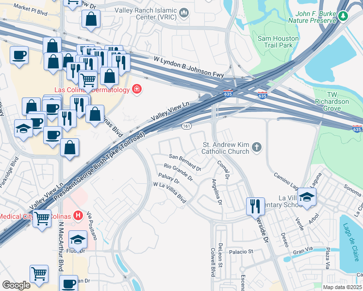 map of restaurants, bars, coffee shops, grocery stores, and more near 7325 San Felipe Drive in Irving