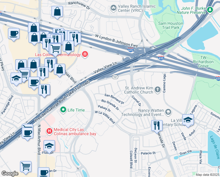 map of restaurants, bars, coffee shops, grocery stores, and more near 7325 San Felipe Drive in Irving