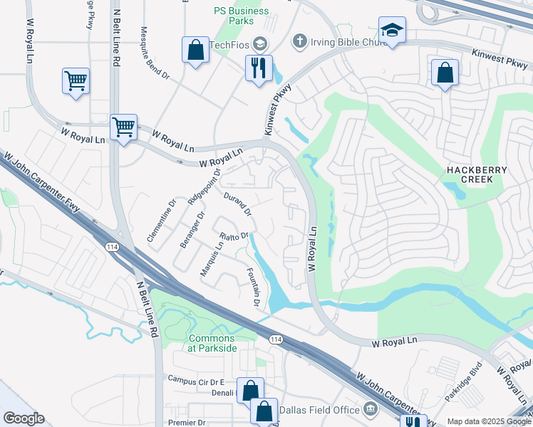 map of restaurants, bars, coffee shops, grocery stores, and more near 2708 Baron Lane in Irving