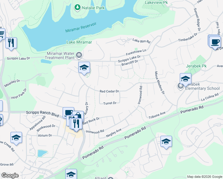 map of restaurants, bars, coffee shops, grocery stores, and more near 11064 Red Cedar Drive in San Diego