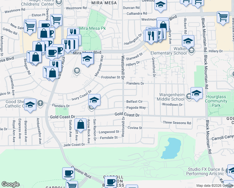 map of restaurants, bars, coffee shops, grocery stores, and more near 8720 Hebrides Drive in San Diego