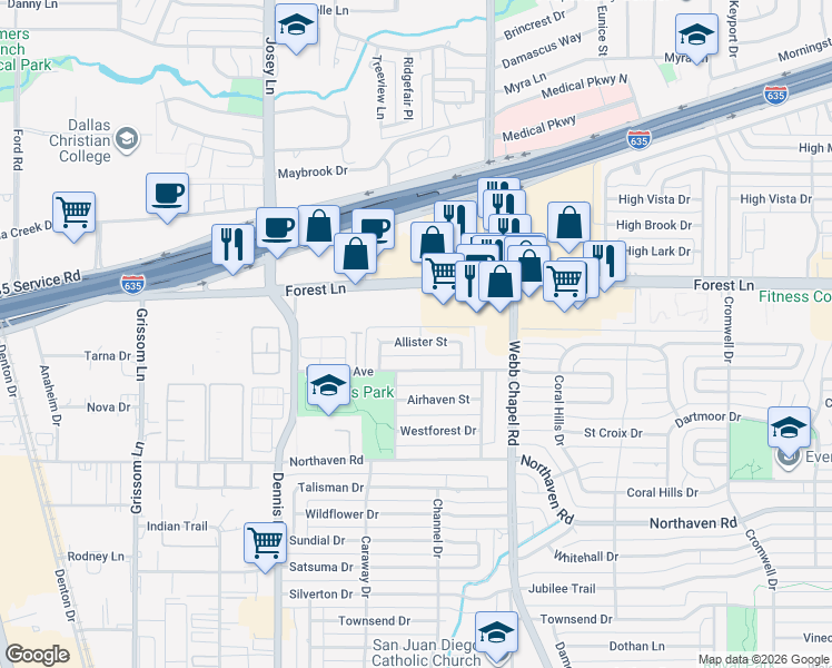 map of restaurants, bars, coffee shops, grocery stores, and more near 2955 Allister Street in Dallas