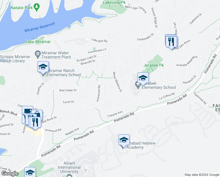 map of restaurants, bars, coffee shops, grocery stores, and more near 11354 Red Cedar Lane in San Diego