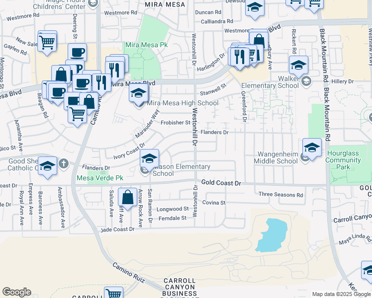 map of restaurants, bars, coffee shops, grocery stores, and more near 8720 Hebrides Drive in San Diego