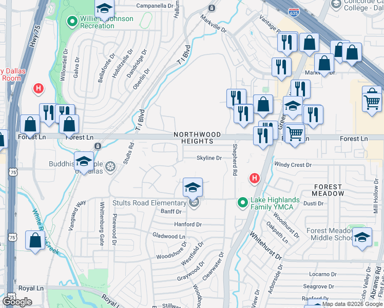 map of restaurants, bars, coffee shops, grocery stores, and more near 8606 Forest Green Drive in Dallas