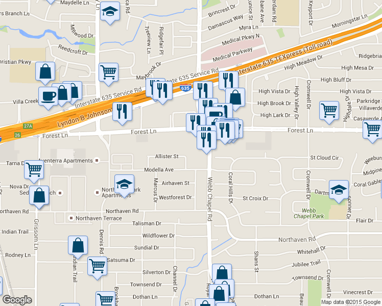 map of restaurants, bars, coffee shops, grocery stores, and more near 3068 Forest Lane in Dallas