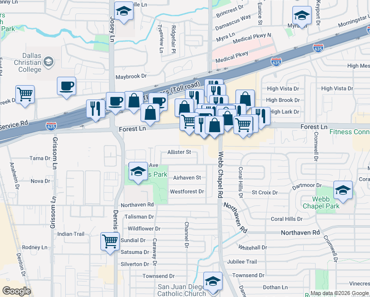 map of restaurants, bars, coffee shops, grocery stores, and more near 2955 Allister Street in Dallas