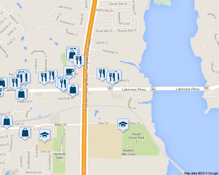 map of restaurants, bars, coffee shops, grocery stores, and more near 5400 Shoreline Dr in Rowlett