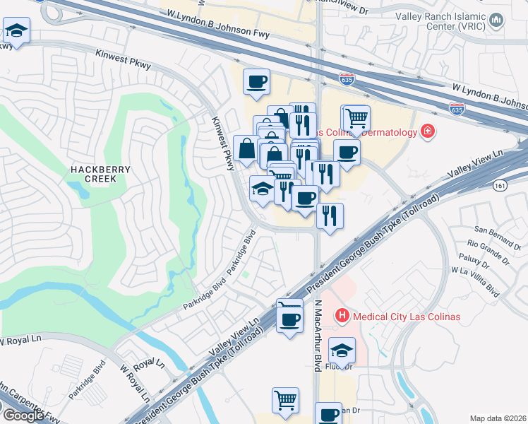 map of restaurants, bars, coffee shops, grocery stores, and more near 1009 Kinwest Parkway in Irving