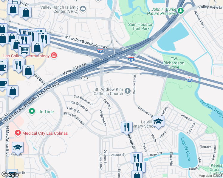 map of restaurants, bars, coffee shops, grocery stores, and more near 7200 North O'Connor Boulevard in Irving