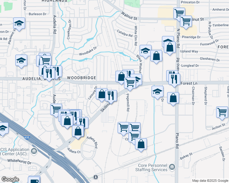 map of restaurants, bars, coffee shops, grocery stores, and more near 9571 Skillman St in Dallas