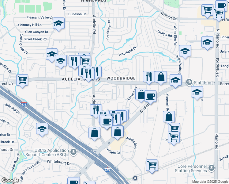 map of restaurants, bars, coffee shops, grocery stores, and more near 9920 Forest Lane in Dallas