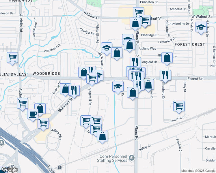 map of restaurants, bars, coffee shops, grocery stores, and more near in Dallas