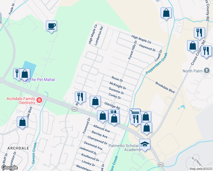 map of restaurants, bars, coffee shops, grocery stores, and more near 7795 McKnight Street in North Charleston