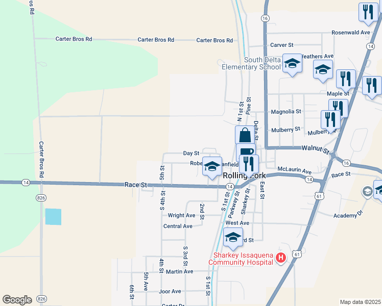 map of restaurants, bars, coffee shops, grocery stores, and more near 329 Day Street in Rolling Fork