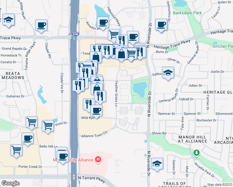 map of restaurants, bars, coffee shops, grocery stores, and more near 9340 Feather Grass Lane in Fort Worth