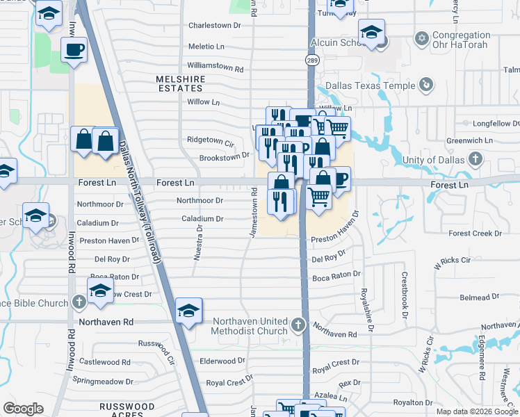 map of restaurants, bars, coffee shops, grocery stores, and more near 11724 Jamestown Road in Dallas