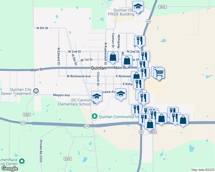 map of restaurants, bars, coffee shops, grocery stores, and more near 108 East Kirby Avenue in Quinlan