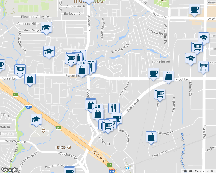map of restaurants, bars, coffee shops, grocery stores, and more near 11700 Audelia Road in Dallas