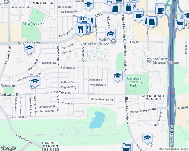 map of restaurants, bars, coffee shops, grocery stores, and more near 10449 Baywood Avenue in San Diego