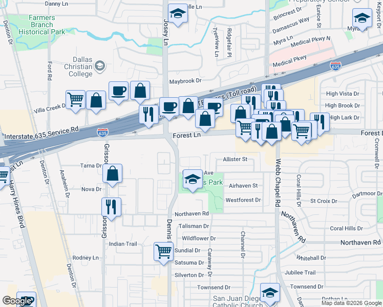 map of restaurants, bars, coffee shops, grocery stores, and more near 2930 Forest Lane in Dallas