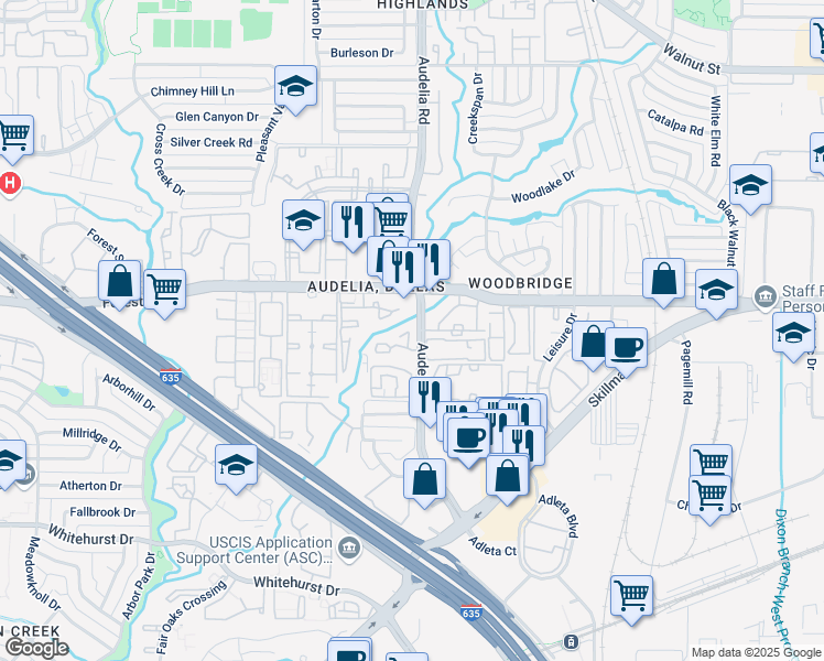 map of restaurants, bars, coffee shops, grocery stores, and more near 305 Audelia Road in Dallas