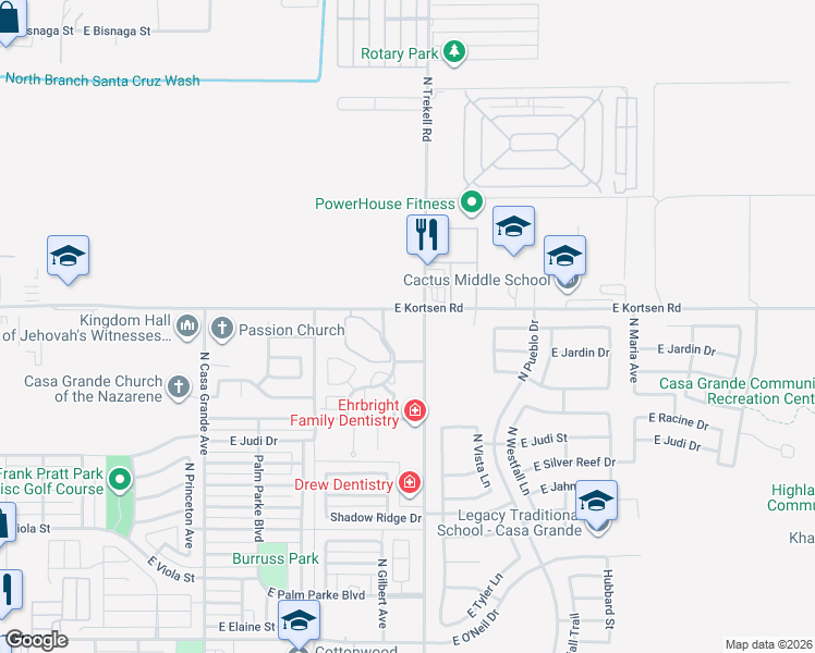 map of restaurants, bars, coffee shops, grocery stores, and more near 1001-1099 East Kortsen Road in Casa Grande