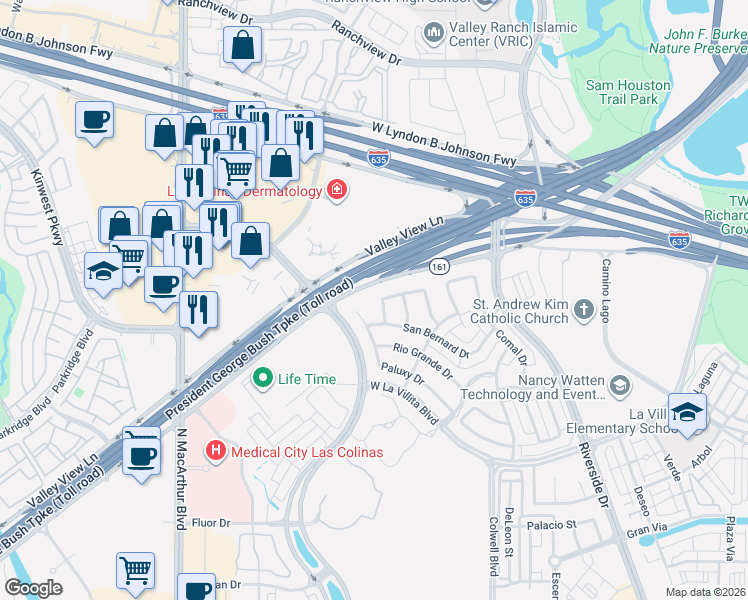 map of restaurants, bars, coffee shops, grocery stores, and more near 7316 Paluxy Drive in Irving