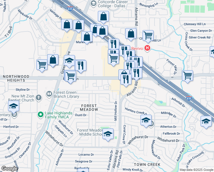 map of restaurants, bars, coffee shops, grocery stores, and more near 9302 Forest Lane in Dallas