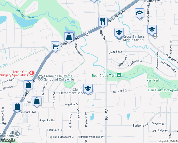 map of restaurants, bars, coffee shops, grocery stores, and more near 2414 Wilkes Drive in Colleyville
