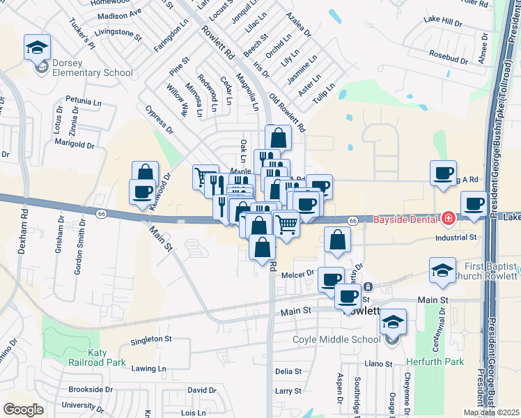 map of restaurants, bars, coffee shops, grocery stores, and more near 3435 Lakeview Parkway in Rowlett