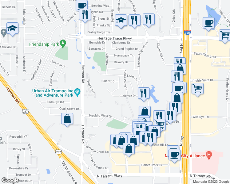 map of restaurants, bars, coffee shops, grocery stores, and more near 9208 San Tejas Drive in Fort Worth