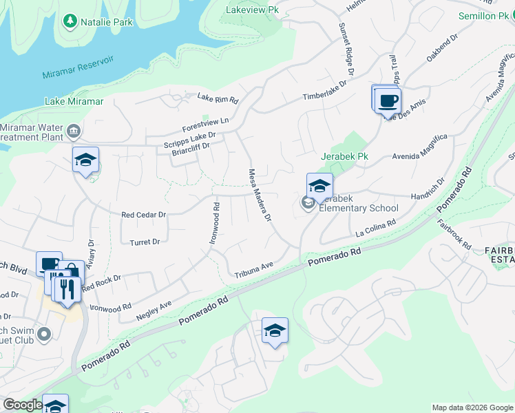 map of restaurants, bars, coffee shops, grocery stores, and more near 10081 Mesa Madera Drive in San Diego